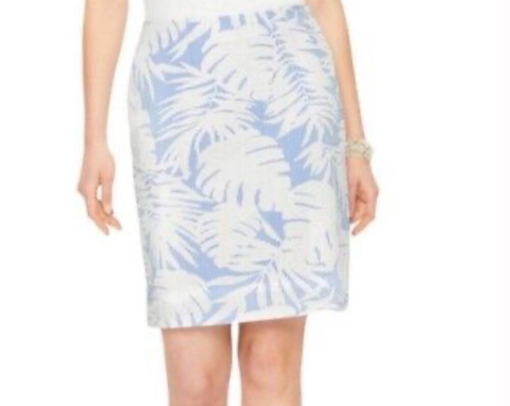 Talbots Skirt Women's Size 12 White & Blue Leaves Textured Cotton Tropical